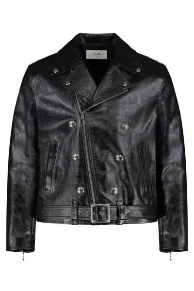 Celine Leather Biker Jacket In Black
