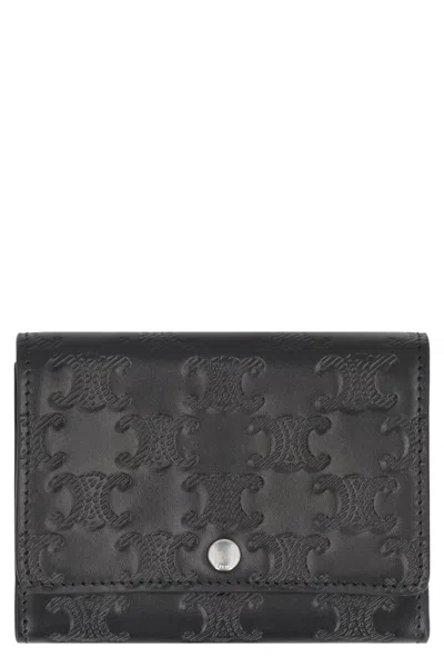 Celine Leather Card Holder With Triomphe Design In Black