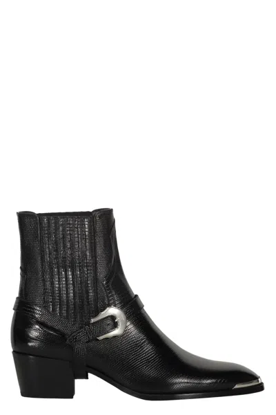 Celine Men Isaac Western Chelsea Boot With Harness And Metal Toe In Calfskin With Tejus Print Black