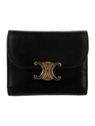 Pre-owned Celine Leather Compact Wallet In Black