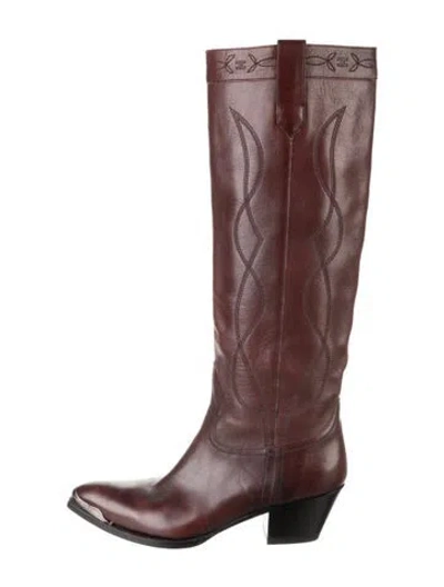 Pre-owned Celine Leather Embroidered Accent Western Boots In Burgundy