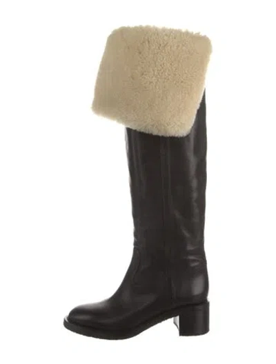 Pre-owned Celine Leather Faux Fur Trim Riding Boots In Black