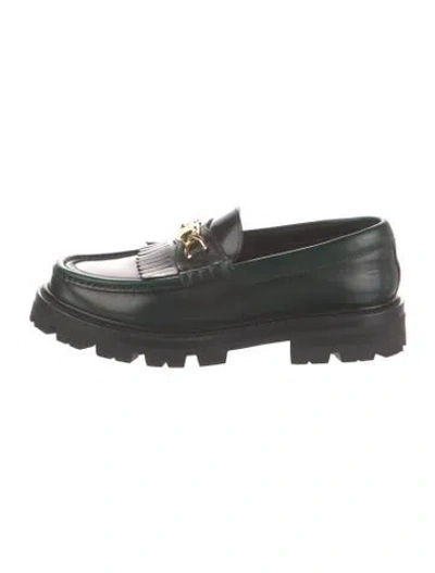 Pre-owned Celine Leather Fringe Trim Accent Loafers In Green