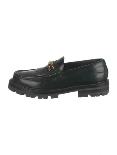 Pre-owned Celine Leather Fringe Trim Accent Loafers In Green