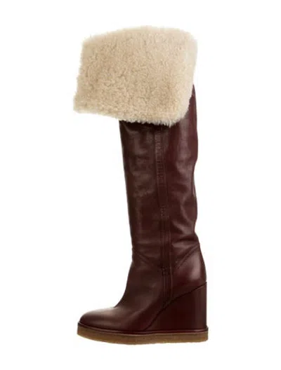 Pre-owned Celine Leather Fur Trim Boots In Burgundy