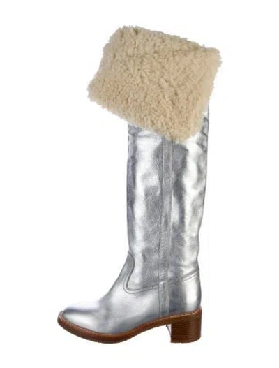 Pre-owned Celine Leather Fur Trim Boots In Silver