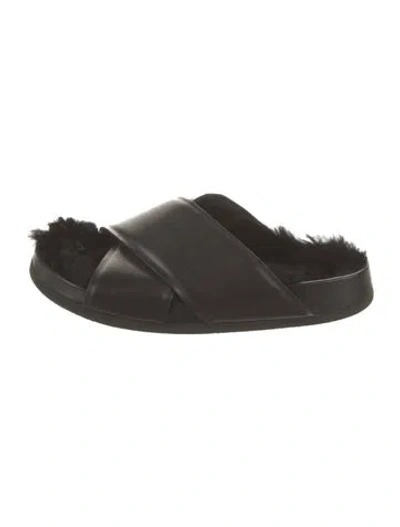 Pre-owned Celine Leather Fur Trim Slides In Black