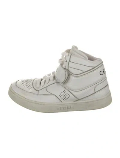 Pre-owned Celine Leather Graphic Print Wedge Sneakers In White