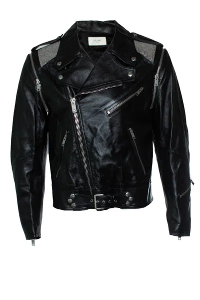 Pre-owned Celine , Leather Jacket With Metal Mesh On The Shoulders In Black