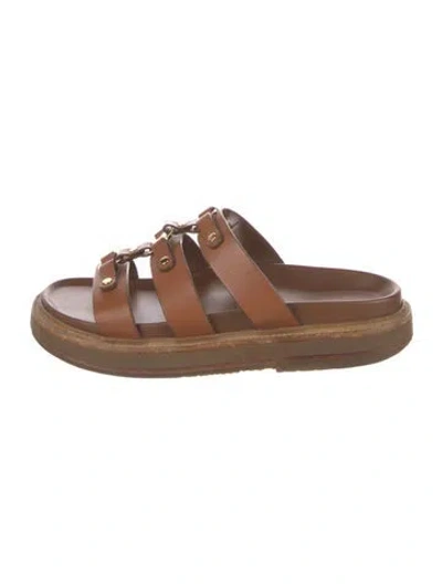 Pre-owned Celine Leather Leather Trim Embellishment Slides In Brown