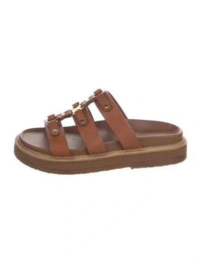 Pre-owned Celine Leather Leather Trim Embellishment Slides In Brown