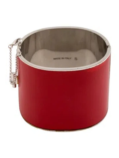 Pre-owned Celine Leather Manchette Hinged Bangle Bracelet, 6" In Red