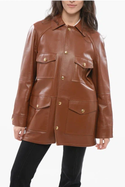 Celine Leather Oversized Shirt In Brown