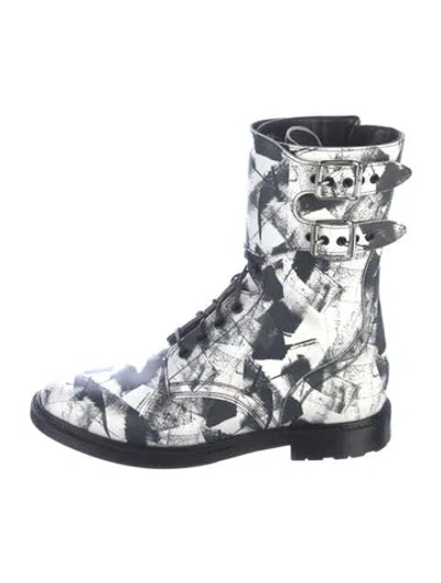 Pre-owned Celine Leather Printed Combat Boots In Silver