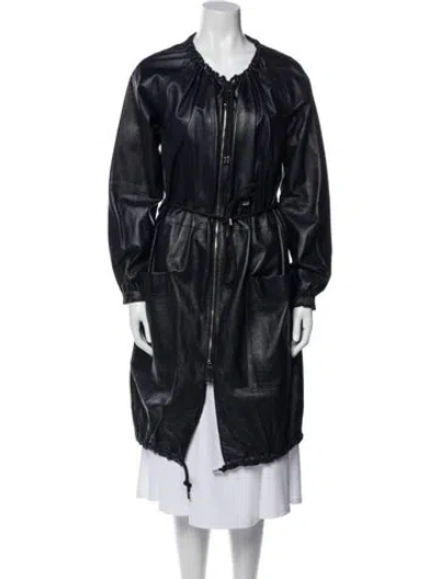 Pre-owned Celine Leather Printed Trench Coat In Blue