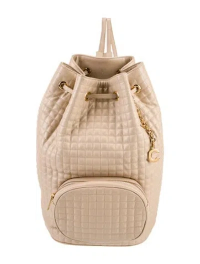 Pre-owned Celine Leather Quilted C Charm Bucket Backpack In Neutral