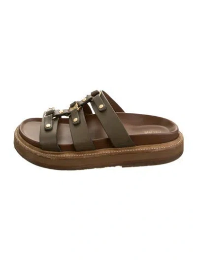 Pre-owned Celine Leather Studded Accents Slides In Gold/green