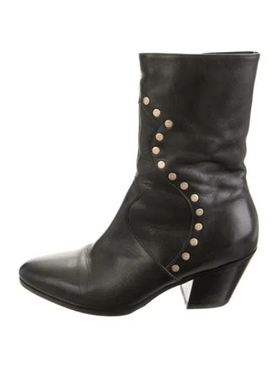 Pre-owned Celine Leather Studded Accents Western Boots In Black/green