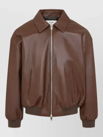 Celine Leather Teddy Jacket In Brown