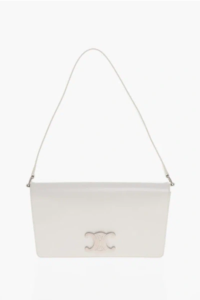 Celine Leather Triomphe Clutch With Removable Shoulder Strap In White