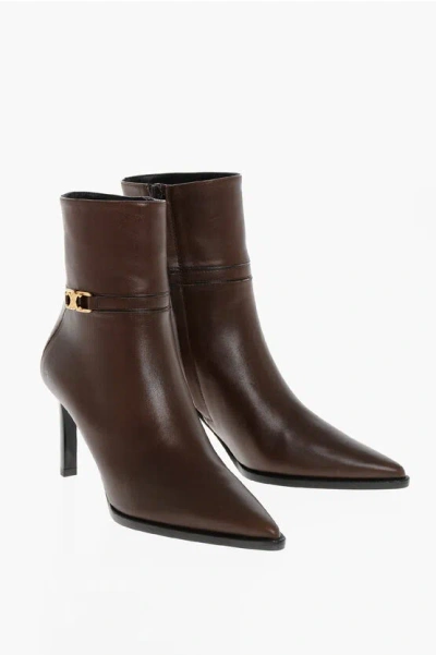 Celine Leather Varneuil Point Toe Booties 8cm In Brown