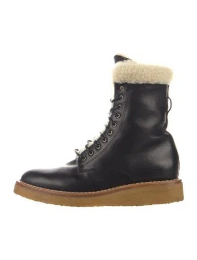 Pre-owned Celine Leather Whipstitch Trim Lace-up Boots In Black