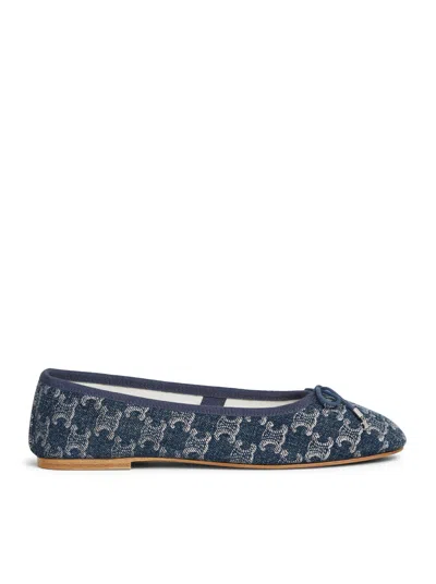 Celine Les Ballerines  Ballerina With Triomphe Lace-up In Printed Denim In Blue