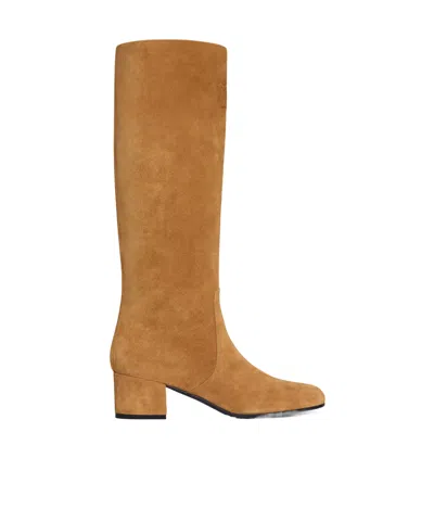 Celine Les Bottes  Triomphe High Boot In Suede Calfskin In Brown