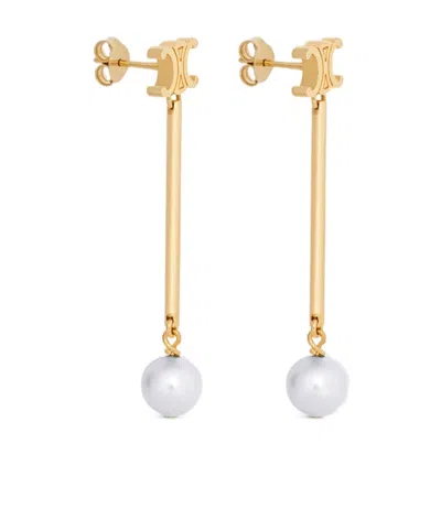 Celine Les Perles  Straight Earrings In Resin Pearls And Brass With Gold Finish