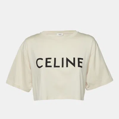 Pre-owned Celine Light Beige Logo Print Cotton Crop Top M