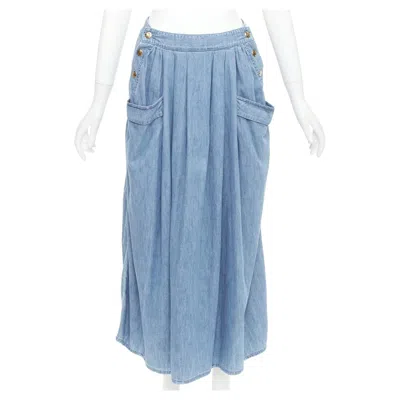 Pre-owned Celine Light Blue Cotton Washed Denim Gold Triomphe Logo Button Midi Skirt 27"