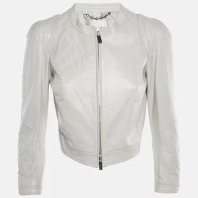 Pre-owned Celine Light Grey Leather Cropped Jacket M In Gray