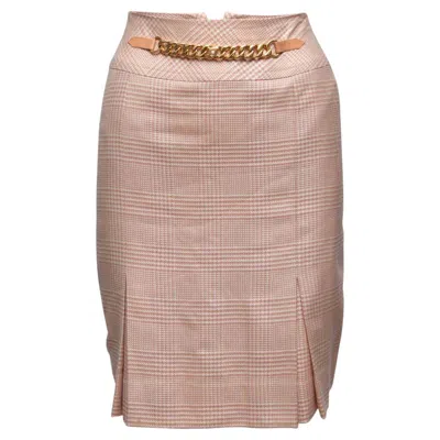 Pre-owned Celine Light Pink & White  Glen Plaid Chain-accented Pencil Skirt Size Fr 40
