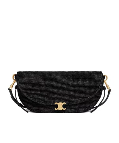 Celine Little Halfmoon Soft Triomphe In Raffia And Lambskin In Black