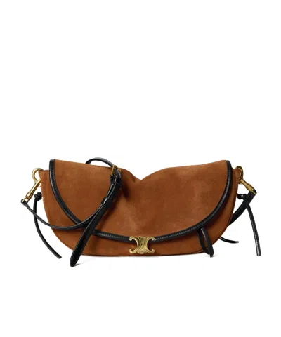 Celine Little Halfmoon Soft Triomphe In Suede Calfskin In Camel/black