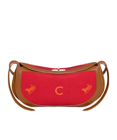 Celine Little Hot Dog In Jacquard C Sulky And Calfskin In Golden-brown/red