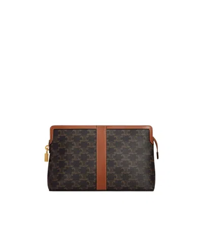 Celine Lock Toiletry Pouch In Triomphe Canvas And Calfskin In Brown