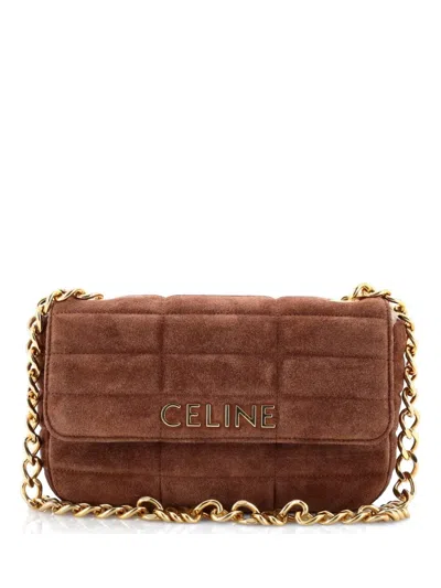 Pre-owned Celine Logo Chain Flap Bag Quilted Suede Small Shoulder Bag In Brown