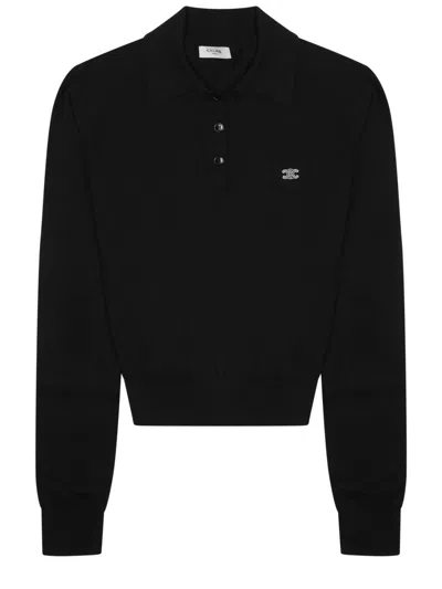 Celine Logo Cotton Polo Sweater In Black