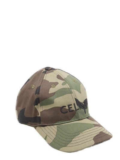 Celine Logo Embroidered Camouflage Cap In Mk Kaki Militaire