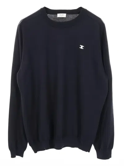 Pre-owned Celine Logo-embroidered Crew-neck Sweater In Blue