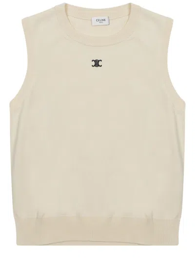 Celine Logo Gilet In Virgin Wool Blend In Beige