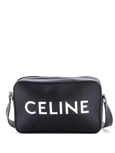 Pre-owned Celine Logo Messenger Bag Leather Small Crossbody Bag In Black