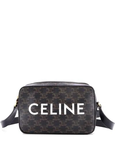 Pre-owned Celine Logo Messenger Bag Triomphe Coated Canvas Medium Crossbody Bag In Brown