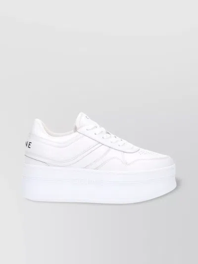 Celine Logo Platform Sneakers, Leather, White Colour, Round Toe, Perforated Upper Detail, Lace-up Cl
