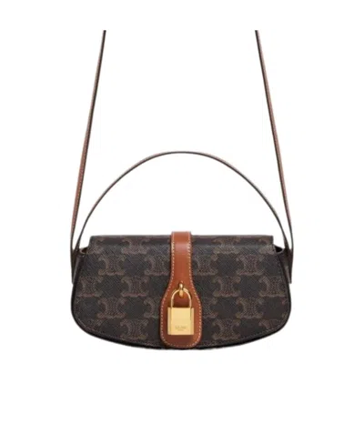 Celine Logo Printed Cowhide Leather Lace Handbag In Brown