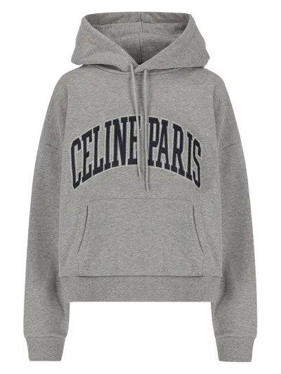 Celine Logo Printed Drawstring Hoodie In Grey Melange / Navy Stonewashe