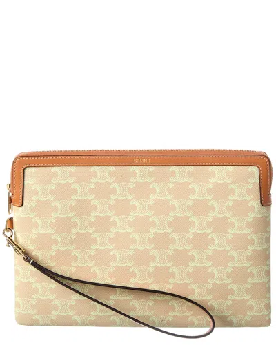 Celine Logo Triomphe Small Canvas Pouch In Brown
