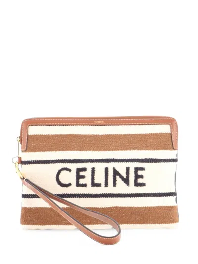 Pre-owned Celine Logo Zip Wristlet Pouch Striped Jacquard Textile Small Clutch Bag In Brown