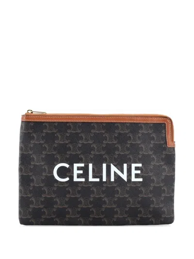 Pre-owned Celine Logo Zip Wristlet Pouch Triomphe Coated Canvas Small Clutch Bag In Brown